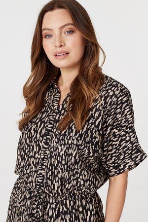 Beige | Printed Tie Waist Blouse Top