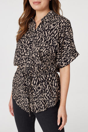 Beige | Printed Tie Waist Blouse Top