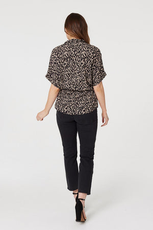 Beige | Printed Tie Waist Blouse Top