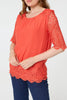 Orange | Lace Trim Semi Sheer 1/2 Sleeve Blouse