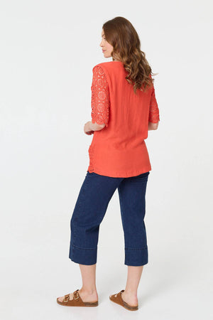 Orange | Lace Trim Semi Sheer 1/2 Sleeve Blouse