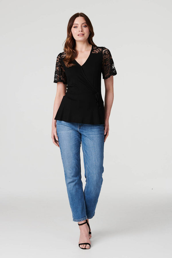 Black | Lace Sleeve V-Neck Peplum Top