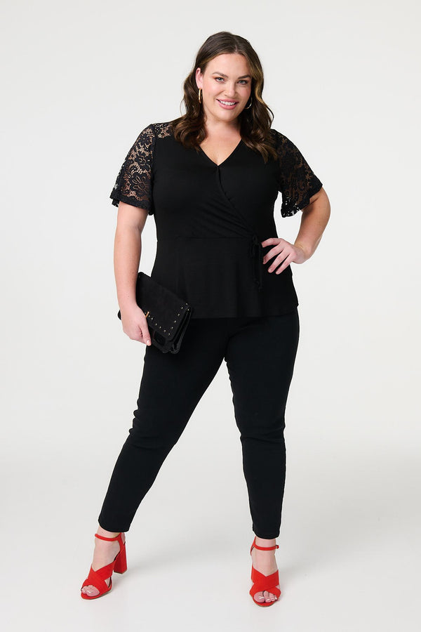 Black | Lace Sleeve V-Neck Peplum Top