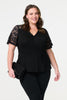 Black | Lace Sleeve V-Neck Peplum Top : Model is 5'8