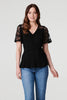 Black | Lace Sleeve V-Neck Peplum Top : Model is 5'9