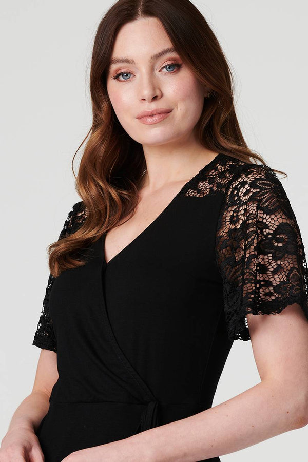 Black | Lace Sleeve V-Neck Peplum Top
