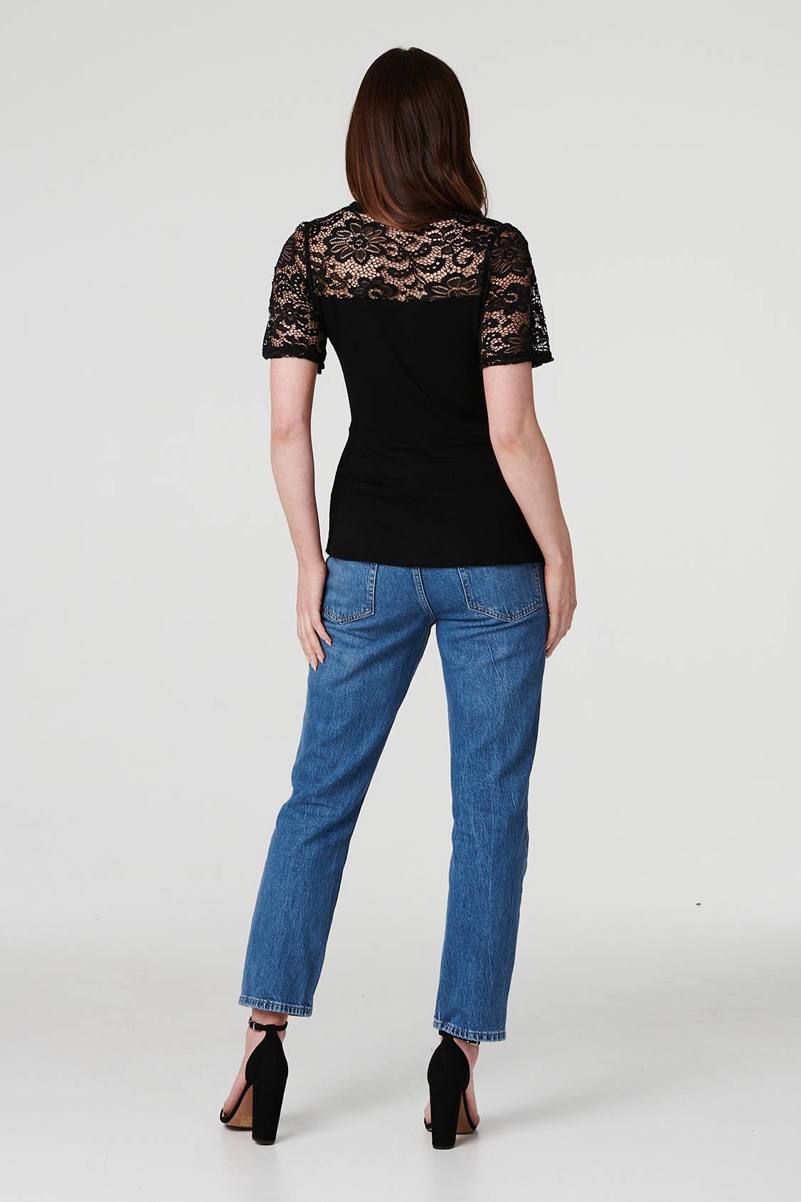 Black | Lace Sleeve V-Neck Peplum Top