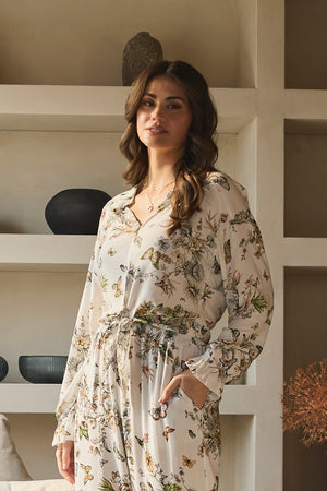 Beige | Butterfly Print Long Sleeve Shirt : Model is 5'9