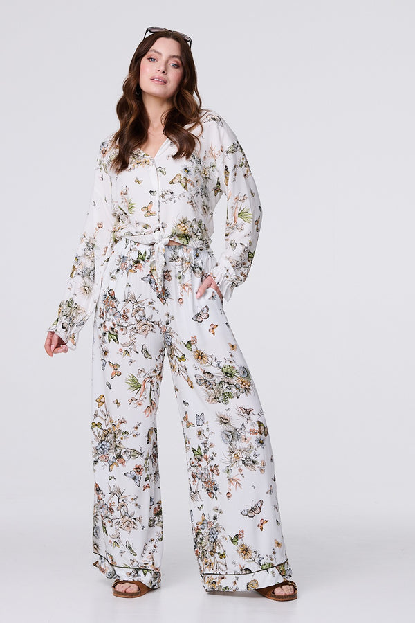 Beige | Butterfly Print Long Sleeve Shirt : Model is 5'9"/175 cm and wears UK8/EU36/US4/AUS8