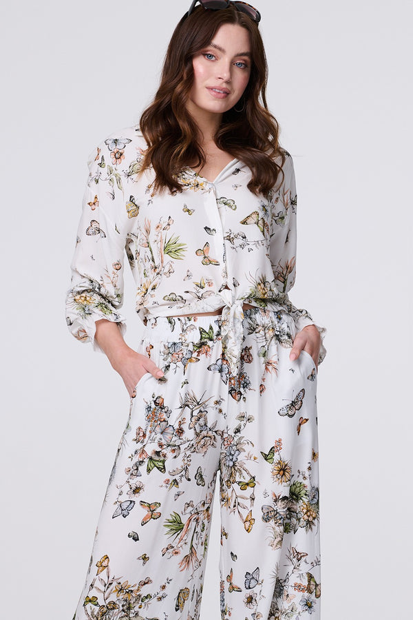 Beige | Butterfly Print Long Sleeve Shirt