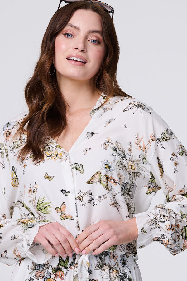 Beige | Butterfly Print Long Sleeve Shirt