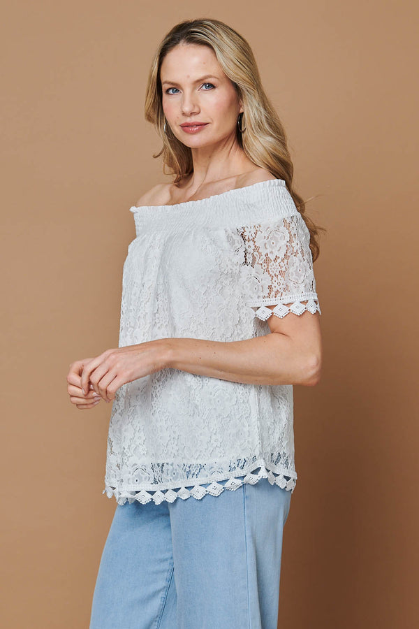 White | Floral Lace Embroidered Bardot Blouse