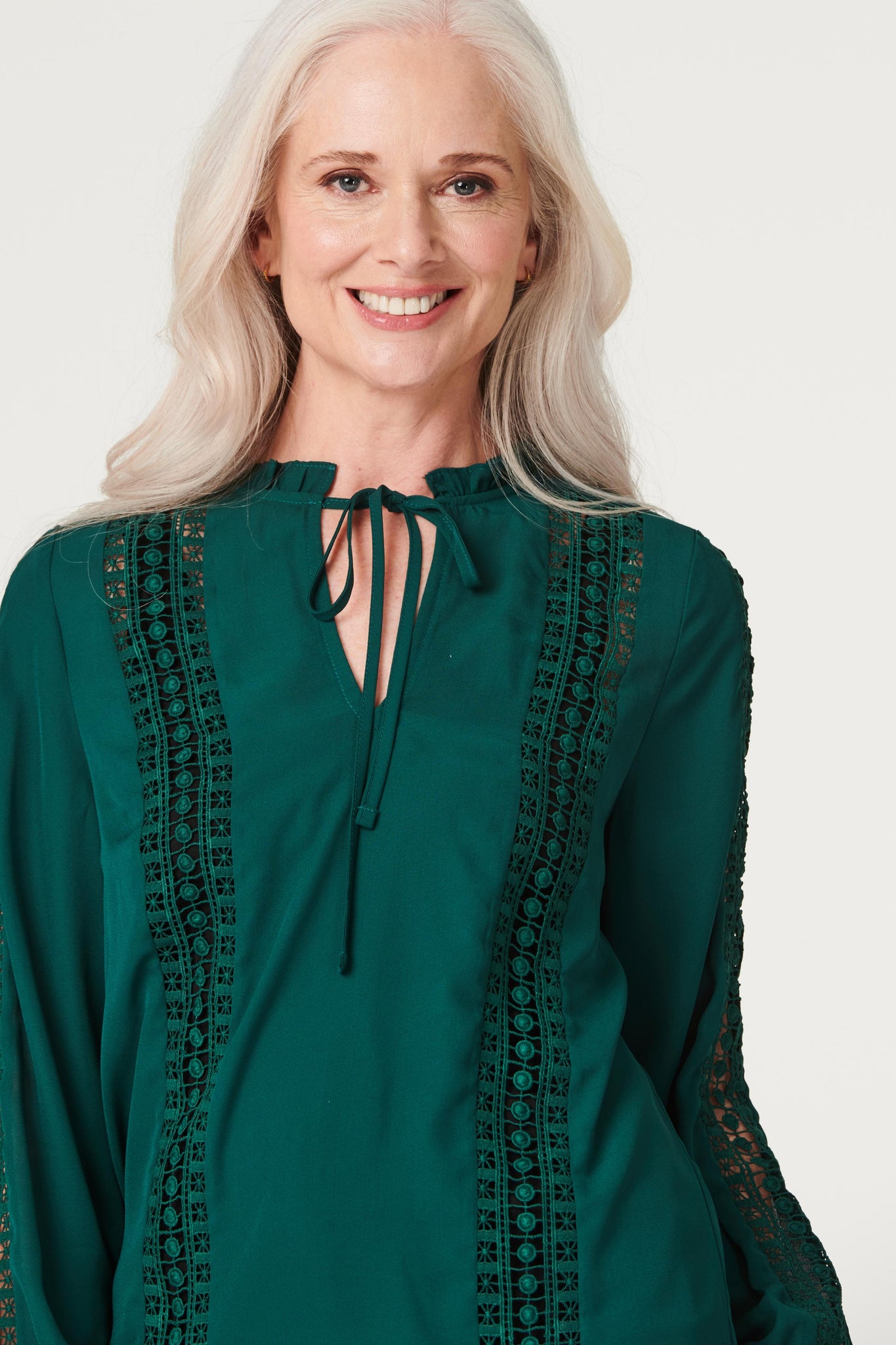 Green | Lace Detail Tie Neck Blouse Top