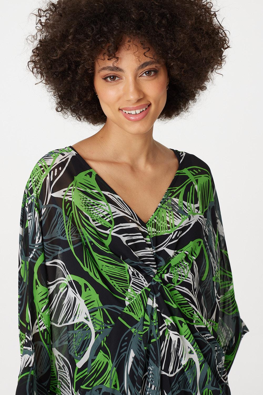 Green | Leaf Print Sheer Oversize Tunic 