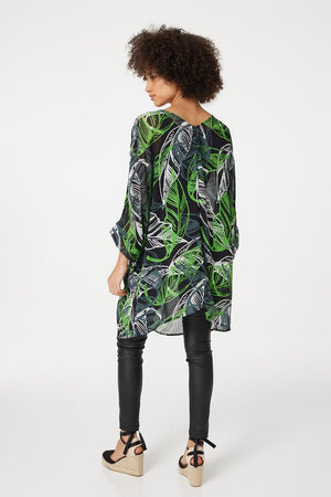 Green | Leaf Print Sheer Oversize Tunic 