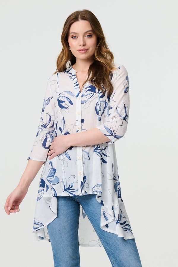 Blue | Floral High Low Relaxed Semi Sheer Blouse
