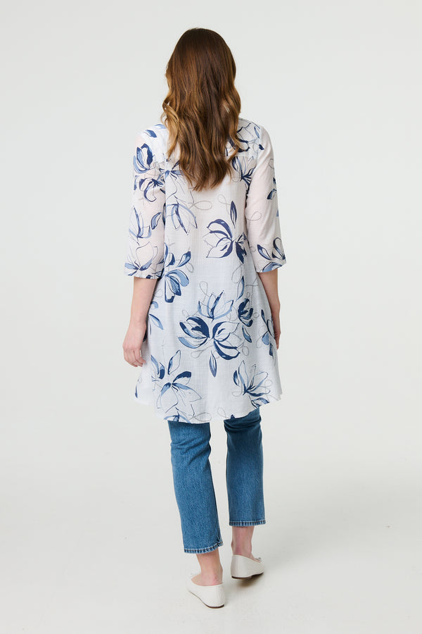 Blue | Floral High Low Relaxed Semi Sheer Blouse
