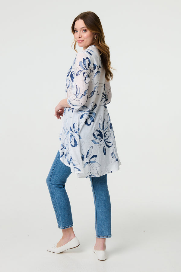 Blue | Floral High Low Relaxed Semi Sheer Blouse
