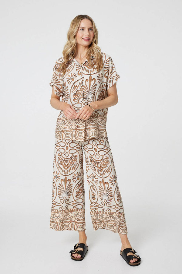 Beige | Printed High Waist Wide Leg Trousers