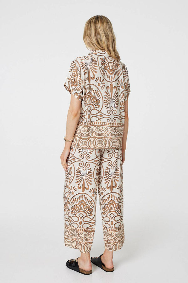 Beige | Printed High Waist Wide Leg Trousers