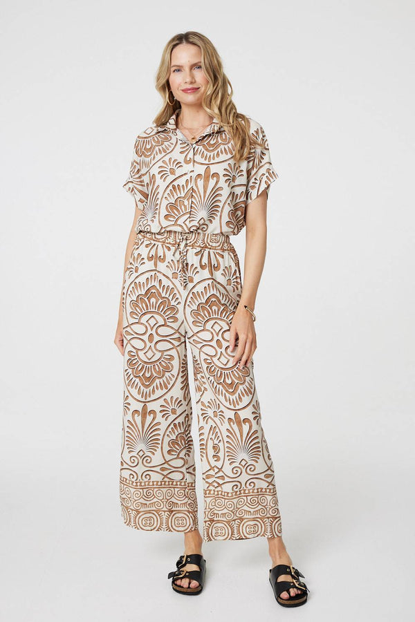 Beige | Printed High Waist Wide Leg Trousers