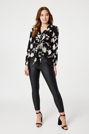 Black | Printed Tie Front Cropped Blouse