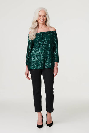 Green | Sequin Bardot 3/4 Sleeve Top
