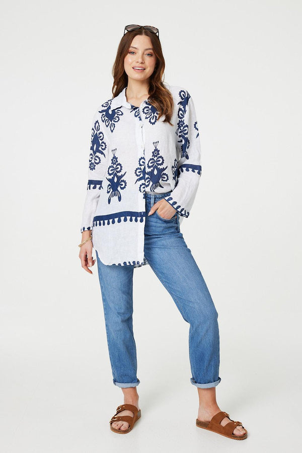 Navy | Printed Oversized Button Down Shirt