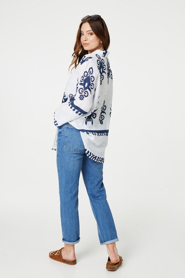Navy | Printed Oversized Button Down Shirt