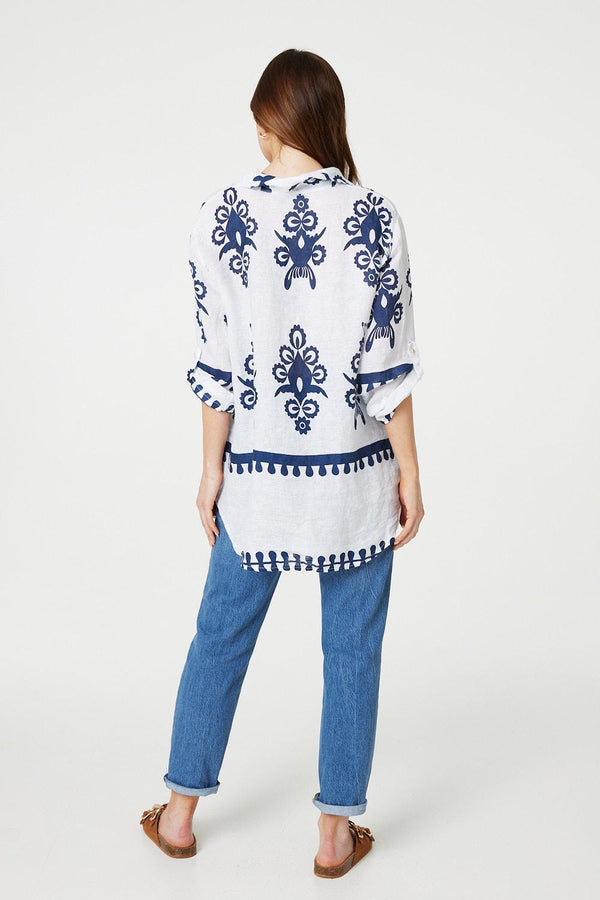 Navy | Printed Oversized Button Down Shirt