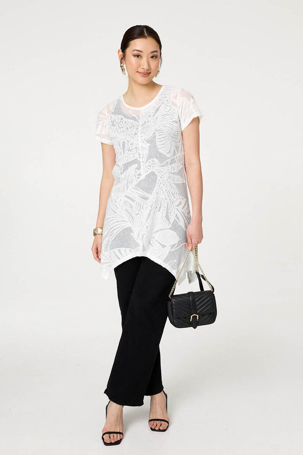White | Floral Textured Hanky Hem Tunic Top