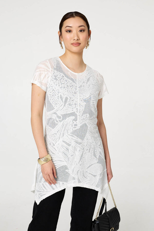 White | Floral Textured Hanky Hem Tunic Top