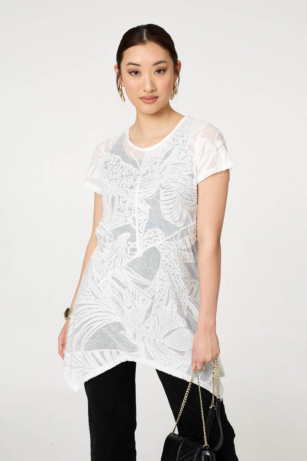 White | Floral Textured Hanky Hem Tunic Top