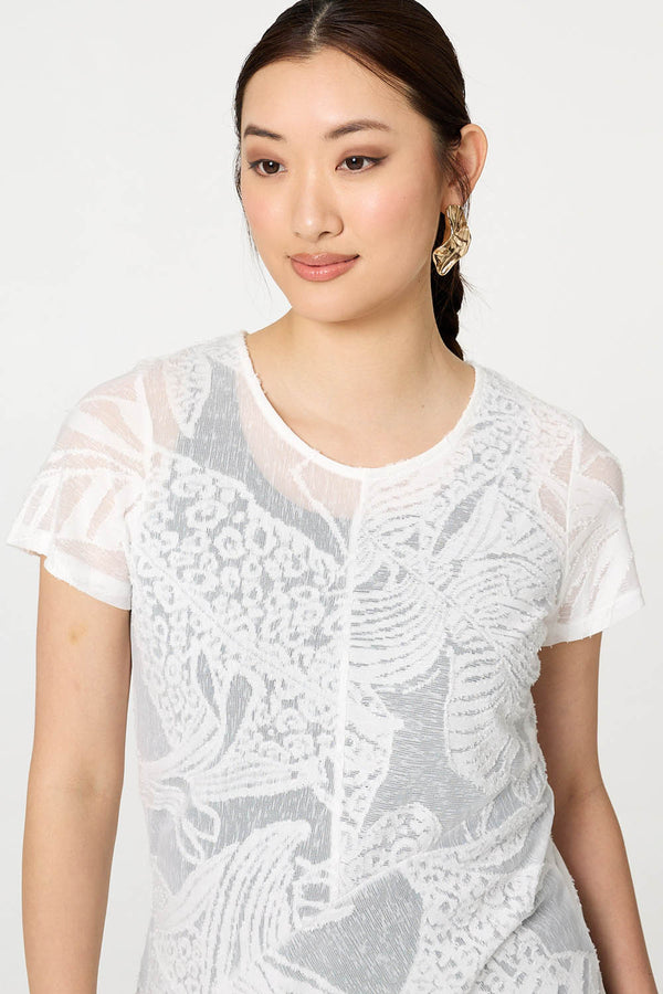 White | Floral Textured Hanky Hem Tunic Top