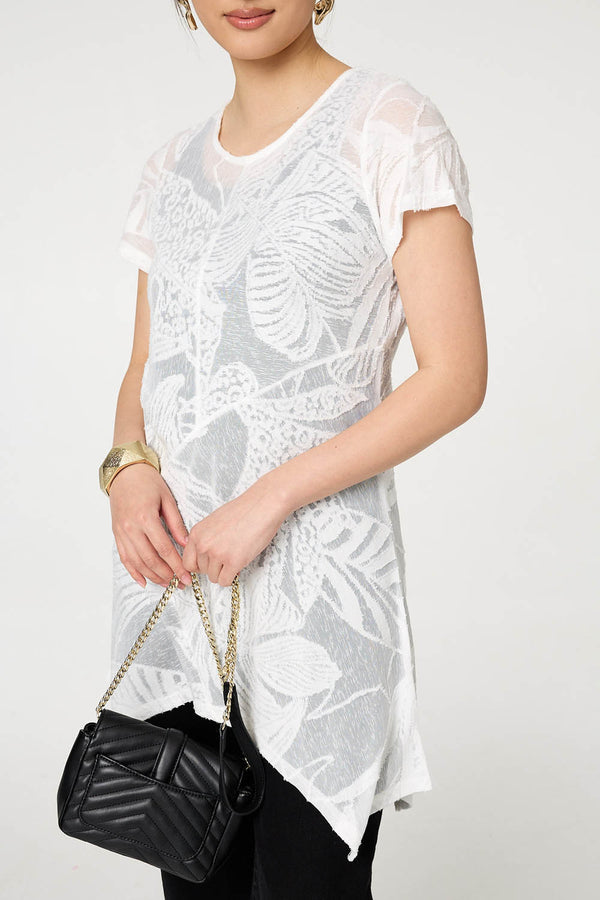 White | Floral Textured Hanky Hem Tunic Top