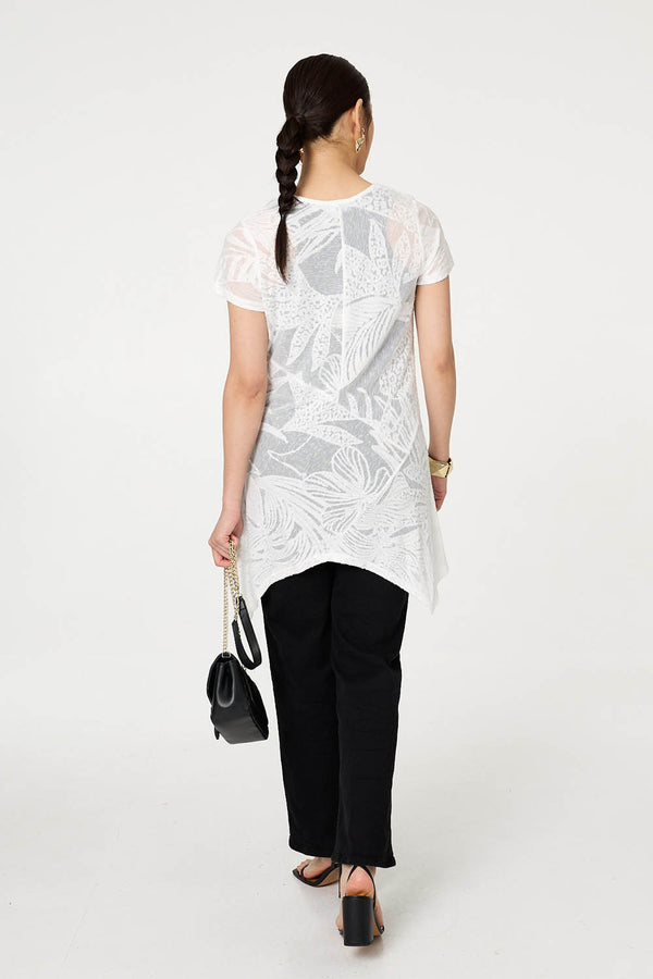 White | Floral Textured Hanky Hem Tunic Top