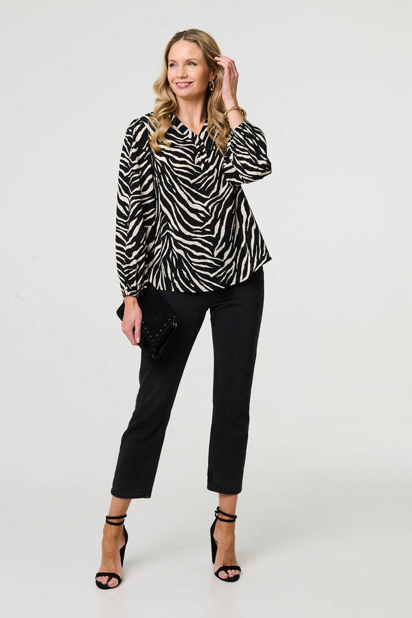 Black | Zebra Print V-Neck Long Sleeve Blouse

