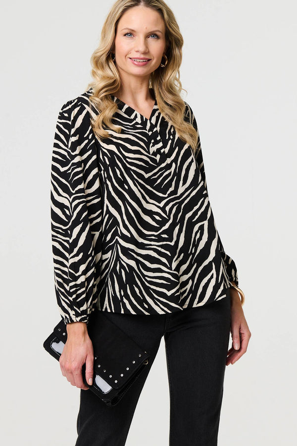 Black | Zebra Print V-Neck Long Sleeve Blouse

