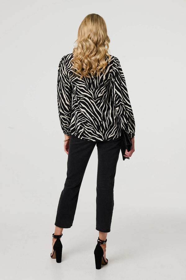 Black | Zebra Print V-Neck Long Sleeve Blouse
