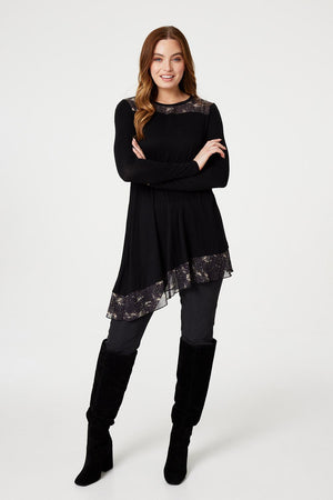 Black | Sheer Detail Asymmetric Tunic Top