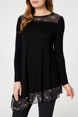 Black | Sheer Detail Asymmetric Tunic Top