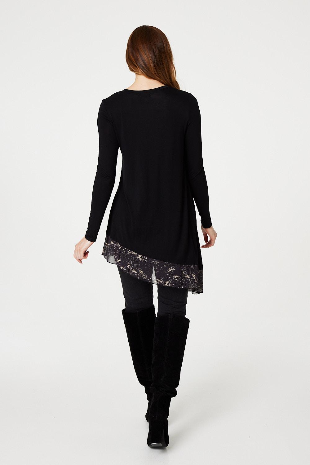 Black | Sheer Detail Asymmetric Tunic Top