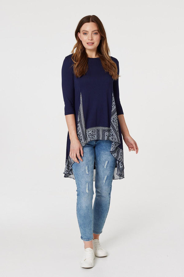 Navy | Border Print Drop Hem Tunic Top