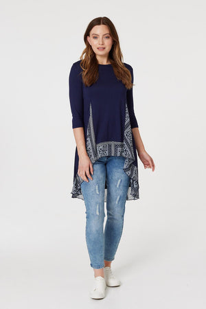 Navy | Border Print Drop Hem Tunic Top