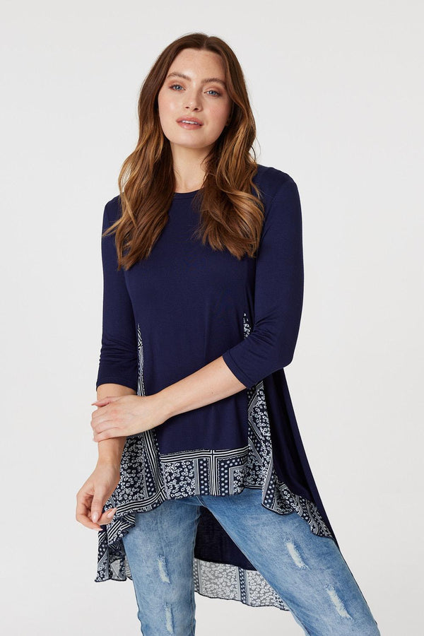 Navy | Border Print Drop Hem Tunic Top