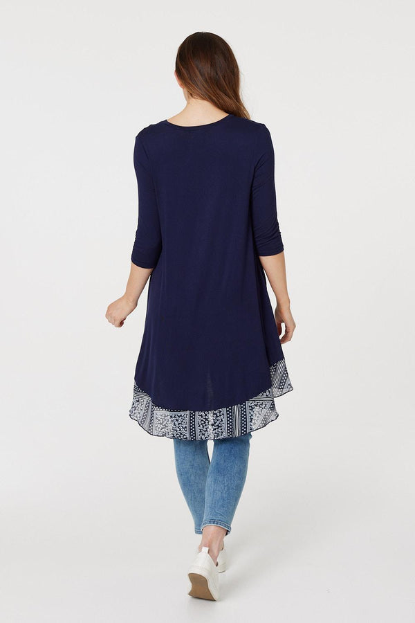 Navy | Border Print Drop Hem Tunic Top