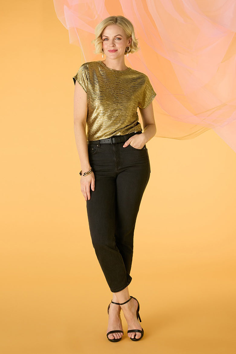 Gold | Metallic Front Relaxed T-Shirt : Model is 5'10"/178 cm and wears UK10/EU38/US6/AUS10