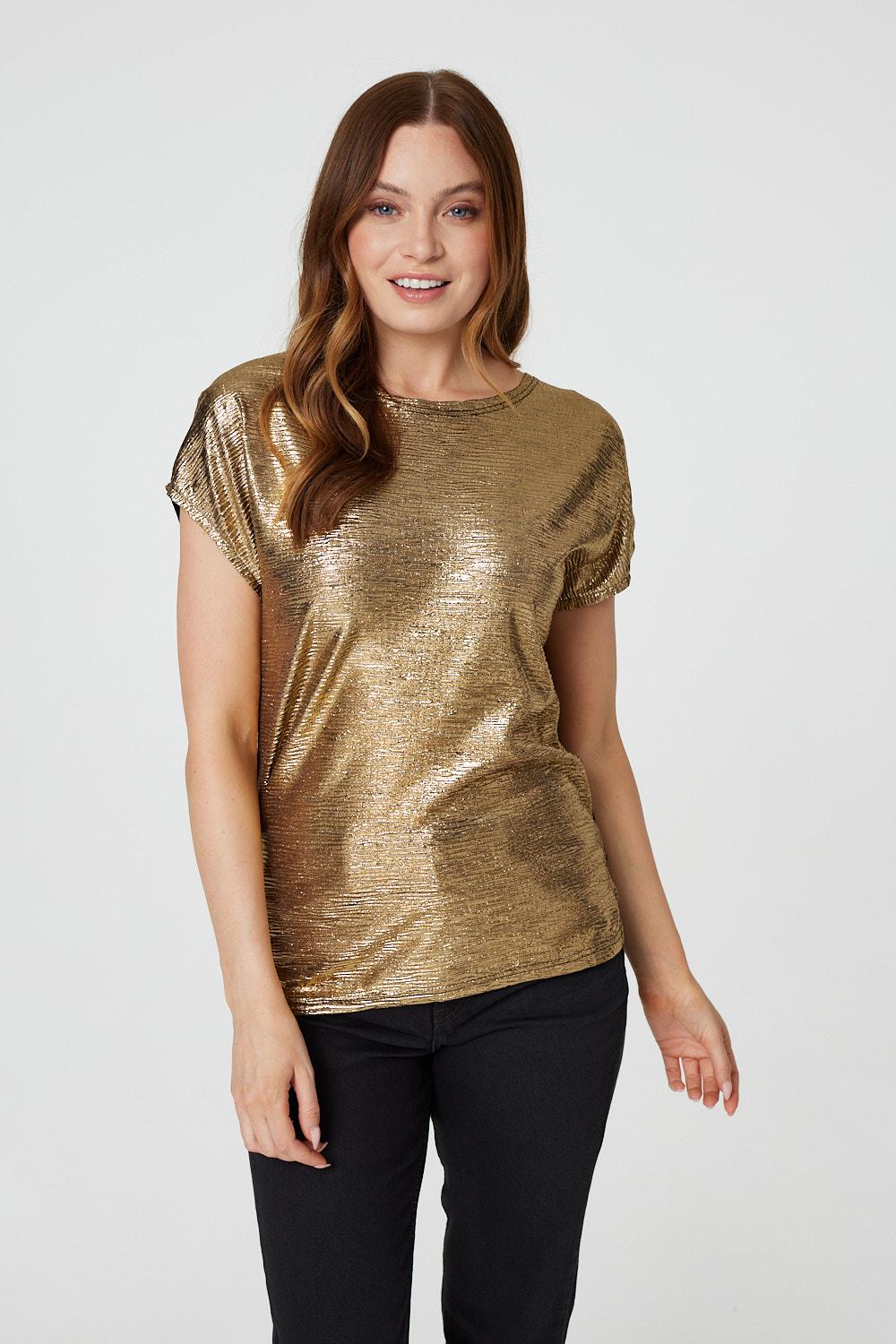 Gold | Metallic Front Relaxed T-Shirt : Model is 5'9"/175 cm and wears UK8/EU36/US4/AUS8