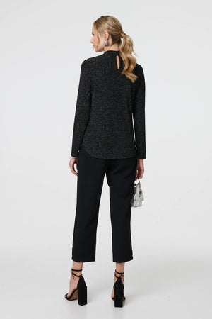 Black | Sparkle Knit Long Sleeve High Neck Top
