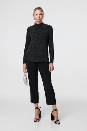Black | Sparkle Knit Long Sleeve High Neck Top
